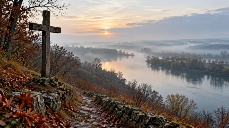 Góra kalwaria: Drewniany krzyż przy kamiennej ścieżce nad zamgloną doliną rzeki