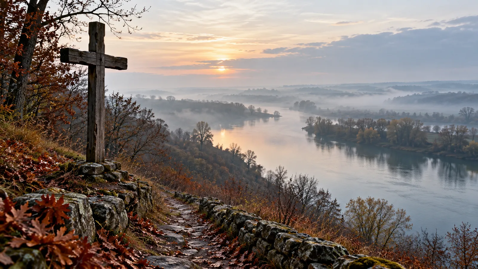 Góra kalwaria: Drewniany krzyż przy kamiennej ścieżce nad zamgloną doliną rzeki