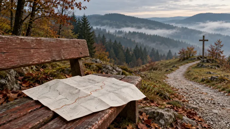 Kalwaria zebrzydowska trasa: Mapa na drewnianej ławce przy ścieżce z krzyżem wśród wzgórz
