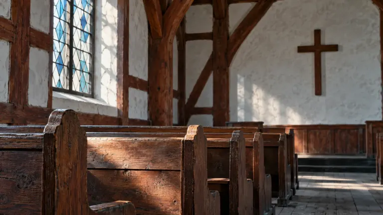 Kościół pokoju w jaworze i świdnicy: Drewniane ławki i prosty krzyż w świetle geometrycznego witraża
