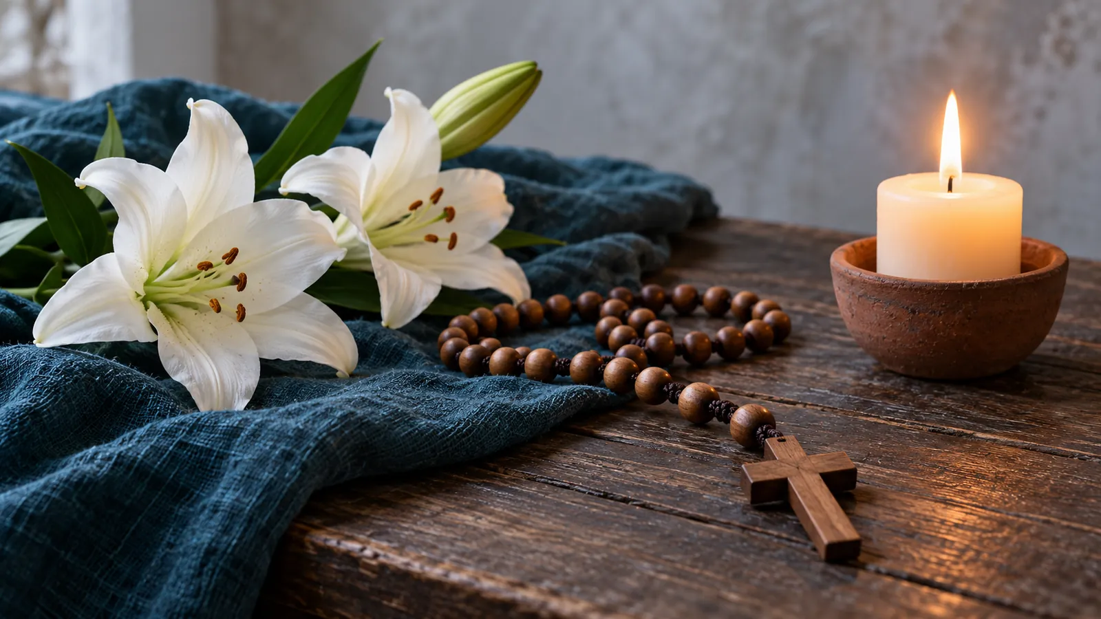 Litania do matki bożej wspomożycielki wiernych: Białe lilie, drewniany różaniec i zapalona świeca na niebieskiej tkaninie