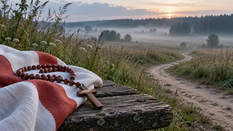 Pierwsza pielgrzymka jana pawła ii do polski: Drewniany różaniec na biało czerwonej tkaninie przy polnej drodze o świcie